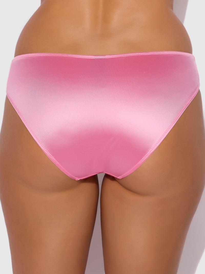 A close-up of a person wearing the Lexi Liquid Satin Hipster by Frederick's of Hollywood in shiny pink, viewed from the back against a plain background.