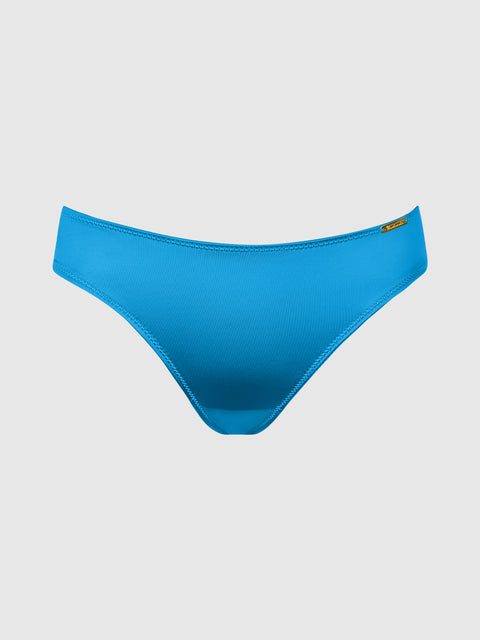 The Frederick’s of Hollywood Lexi Liquid Satin Hipster features a bright blue satin finish and a small gold tag accent on one hip, showcased against a plain light gray background.