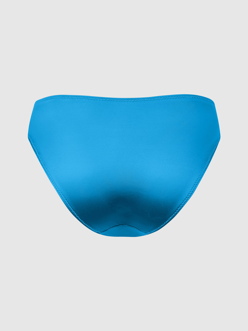 A pair of Frederick’s of Hollywood Lexi Liquid Satin Hipster bikini bottoms in bright blue displayed on a plain light gray background.