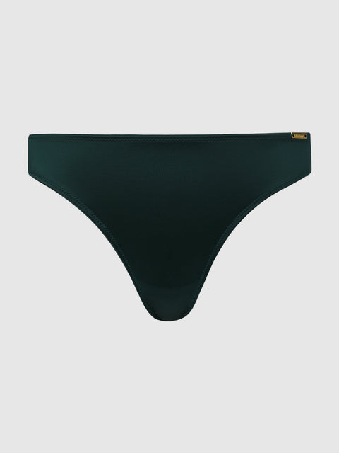 The Lexi Liquid Satin Hipster by Frederick's of Hollywood features a dark green, classic cut with a small gold rectangular tag on the right side, designed for everyday comfort and shown against a plain light grey background.