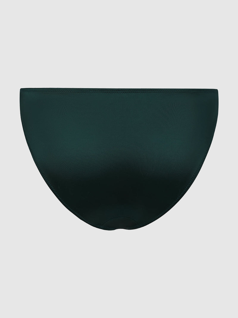 Frederick's of Hollywood Lexi Liquid Satin Hipster in dark green, displayed from the back on a light gray background. Features a simple, seamless design—ideal for everyday wear.