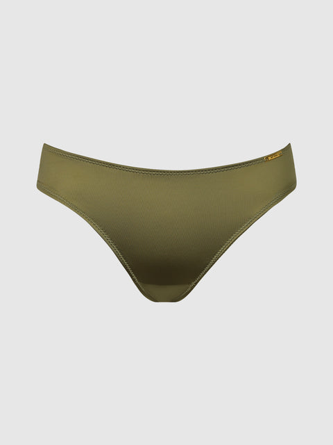 Lexi Liquid Satin Hipster bikini bottom by Frederick’s of Hollywood in olive green, featuring a smooth satin finish and a small gold tag on the left side, displayed on a plain light gray background.