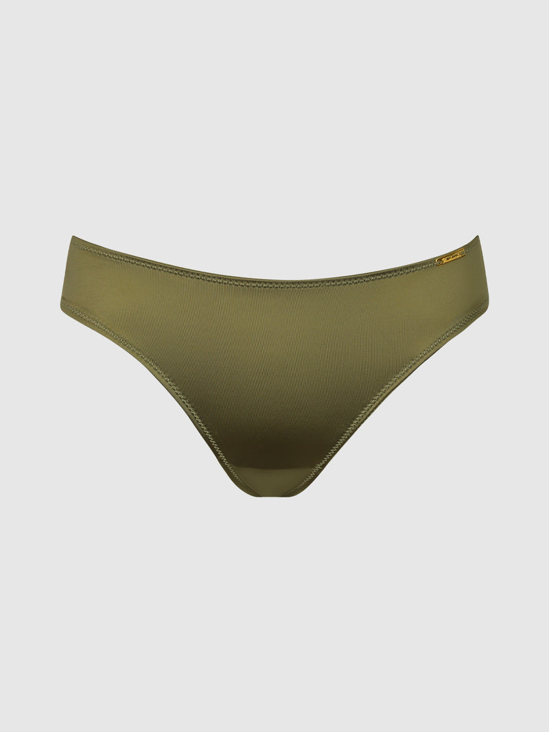 Lexi Liquid Satin Hipster bikini bottom by Frederick’s of Hollywood in olive green, featuring a smooth satin finish and a small gold tag on the left side, displayed on a plain light gray background.