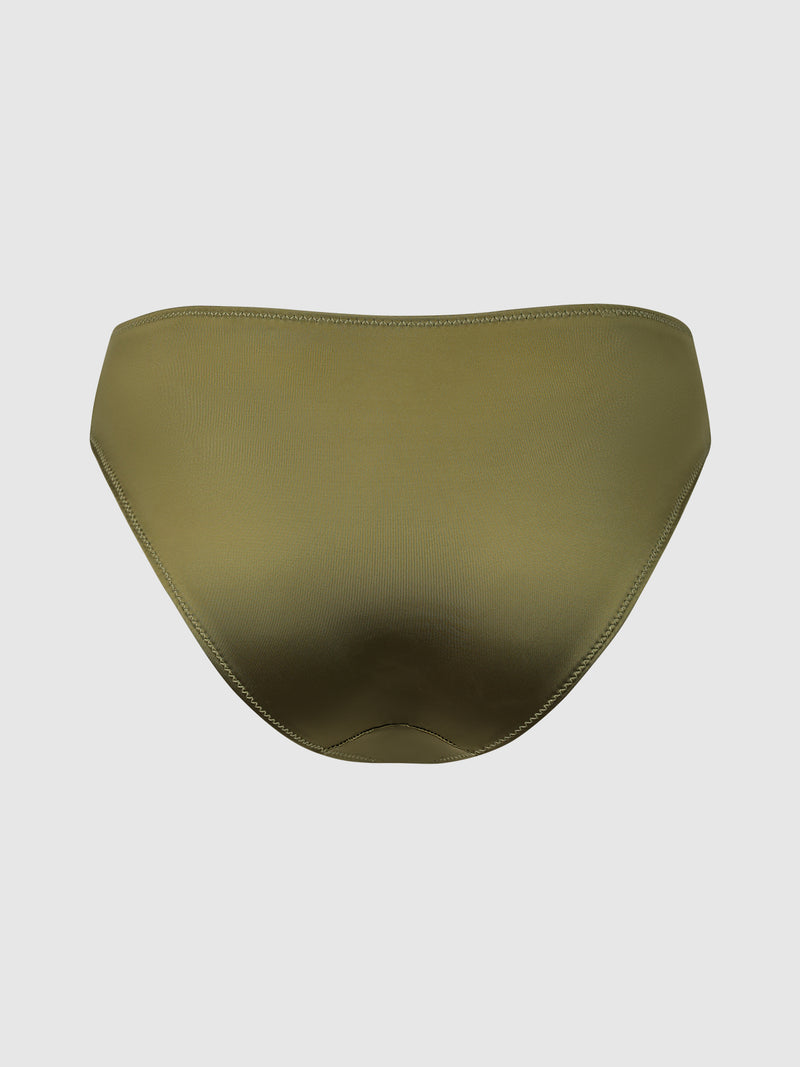 The Lexi Liquid Satin Hipster bikini bottom by Frederick’s of Hollywood is shown in olive green against a plain white background, displayed flat to highlight its simple, seamless design and smooth satin fabric texture.
