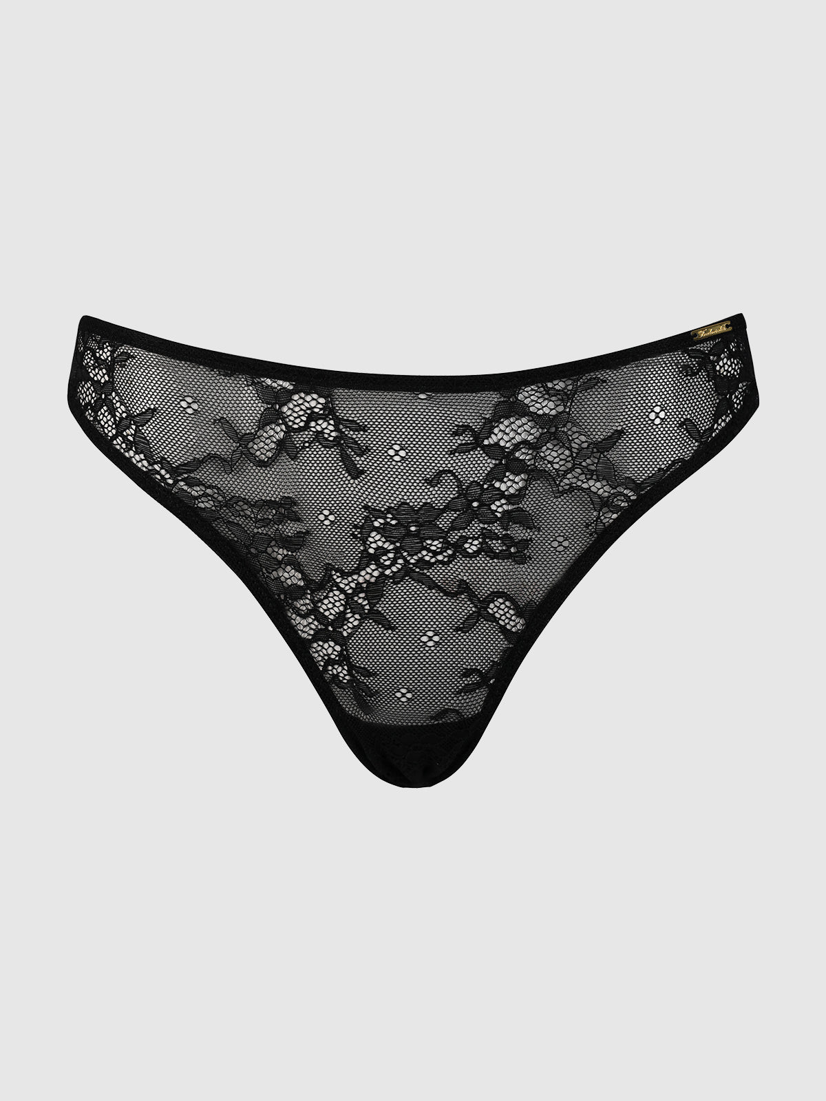 The Pia Lace Hipster by Frederick's of Hollywood showcases a black floral lace design with sheer mesh and a small gold tag on the waistband, set against a plain light gray background.
