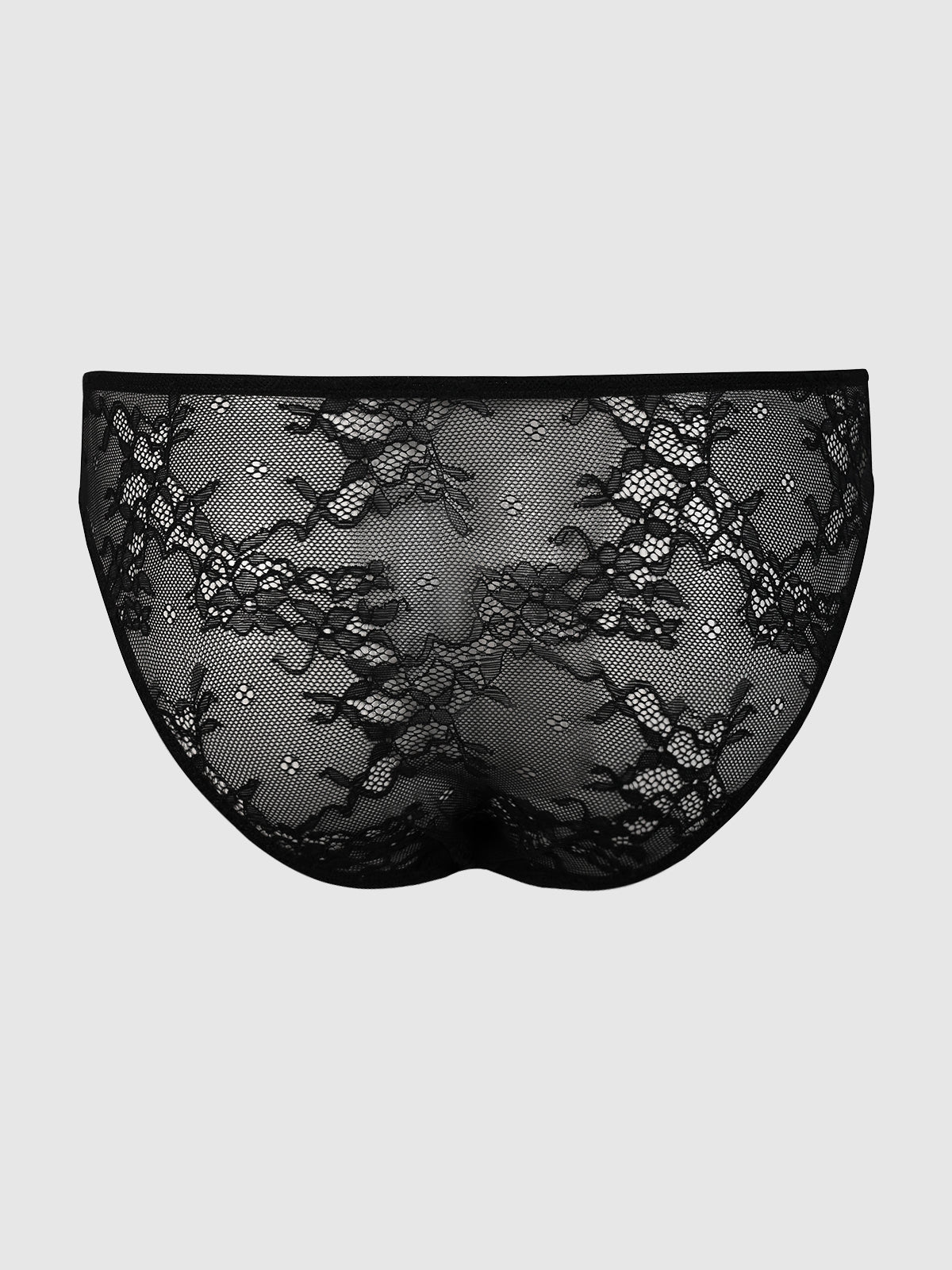 The Pia Lace Hipster by Frederick's of Hollywood is a sheer, black floral lace women’s underwear, shown flat on a plain light gray background, highlighting its intricate see-through design.