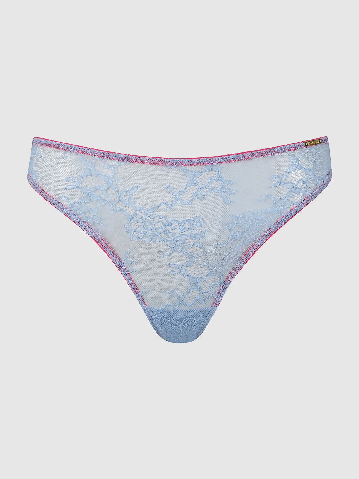 The Pia Lace Hipster by Frederick's of Hollywood features light blue floral lace, pink trim at the waistband and legs, and a small gold tag on the waist. Displayed against a plain white background.