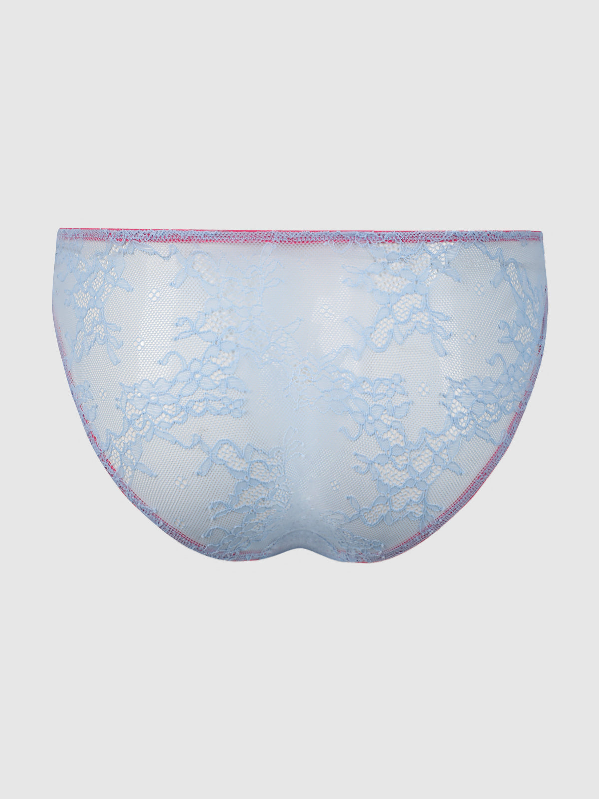 The Pia Lace Hipster by Frederick's of Hollywood features light blue floral lace with a sheer finish and pink trim at the waistband and leg openings, shown against a plain white background.