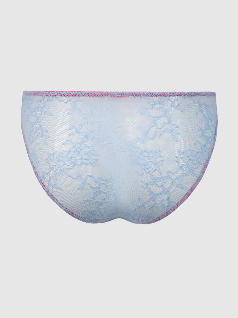 The Pia Lace Hipster by Frederick's of Hollywood features light blue stretch lace with a sheer floral pattern and pink trim, shown against a white background.