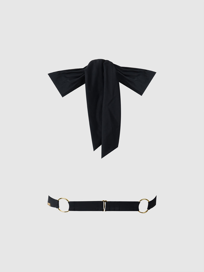Rising Star Wrap Halter Push Up Swim Top - Black/Gold