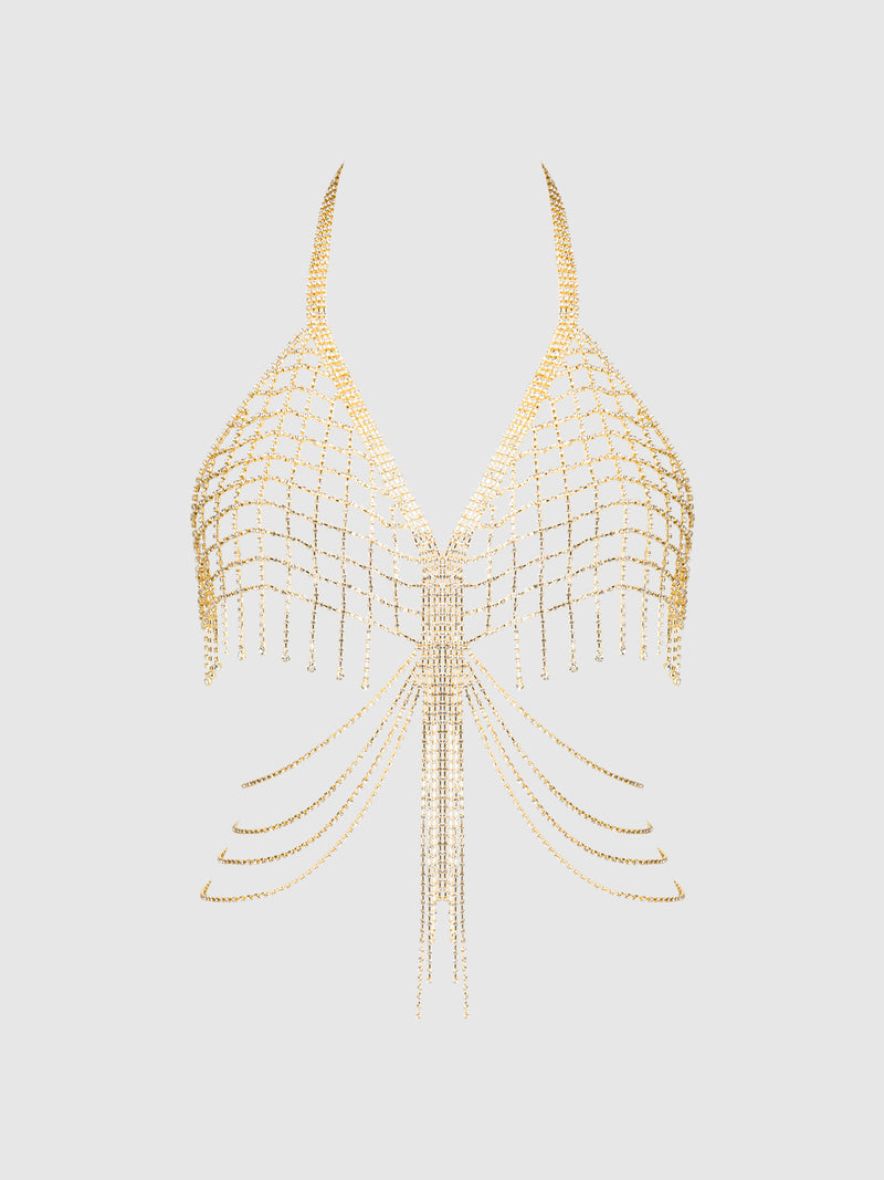 Ziggy Rhinestone Net & Fringe Halter Bralette - Frederick's of Hollywood