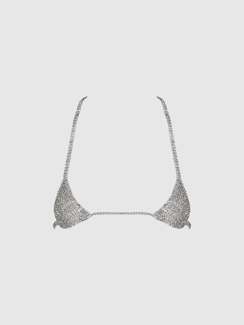 The Ziggy Rhinestone Mini Triangle Top by Frederick’s of Hollywood is a silver chain bikini top made of small metal links with two triangular cups and thin straps, shown against a plain white background.