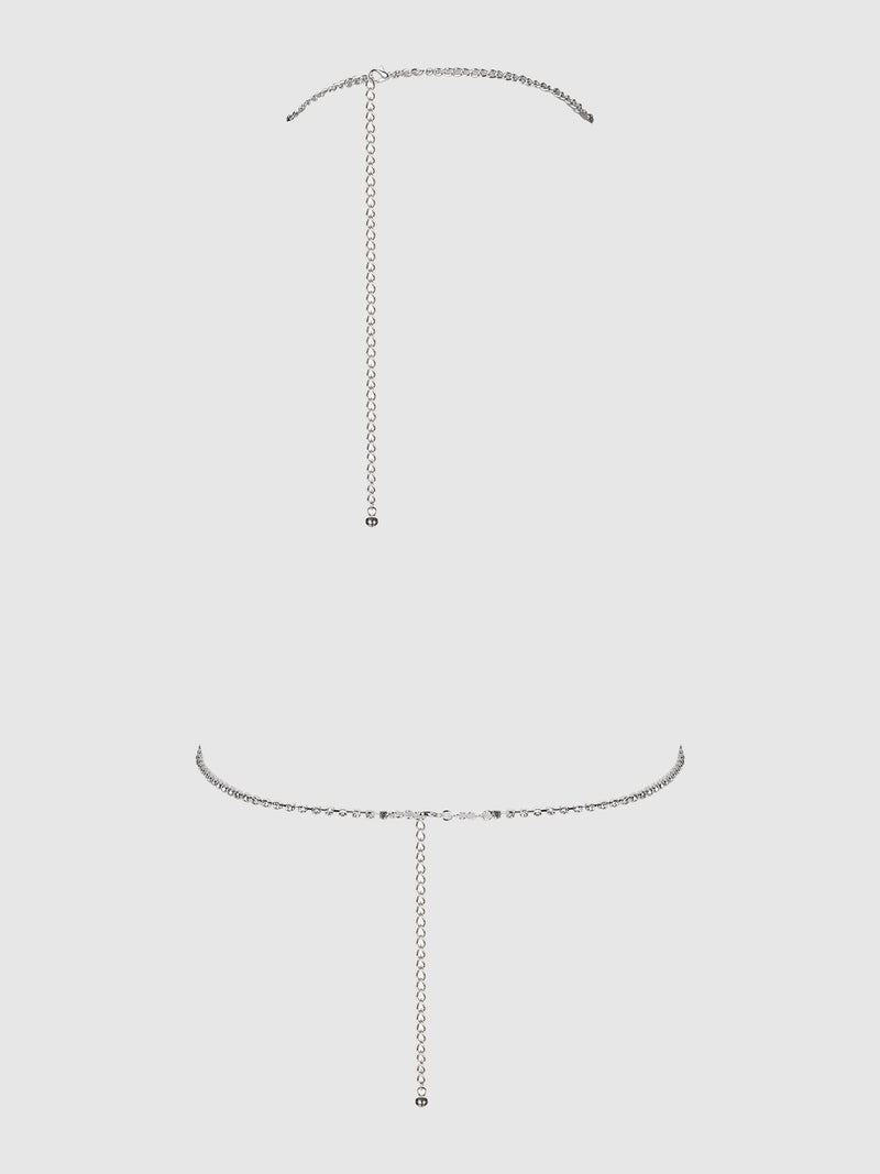 Displayed on a plain light gray background, the Frederick’s of Hollywood Ziggy Rhinestone Mini Triangle Top features delicate silver-tone chains with an adjustable clasp and a long vertical, rhinestone-embellished extension.