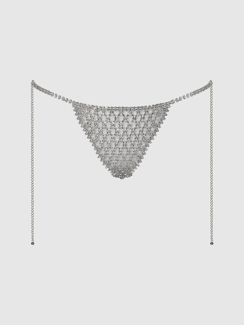 The Ziggy Rhinestone Net Panty by Frederick’s of Hollywood features a silver chainmail-style design with intricate rhinestone beading and thin chain ties on each side, displayed on a plain white background.