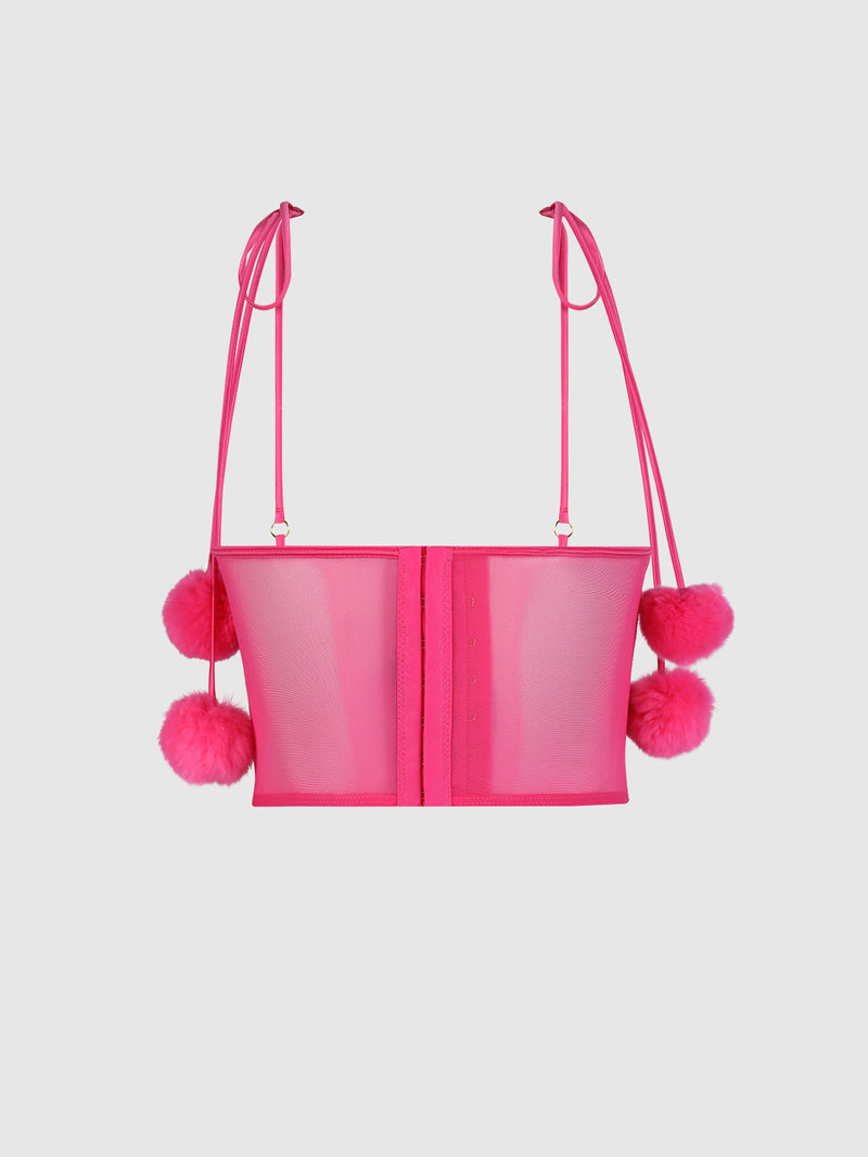 The Scarlett Marabou & Mesh Tie Shoulder Pom Pom Bustier by Frederick's of Hollywood features bright pink mesh, bow-tied thin straps, fluffy side pom poms, and a front hook-and-eye closure for a fun, flirty statement.