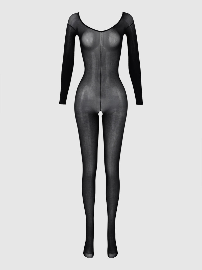 A sheer black Full Body Crotchless Hosiery by Frederick’s of Hollywood, featuring long sleeves, a scoop neckline, and fitted legs, displayed on a plain gray background.