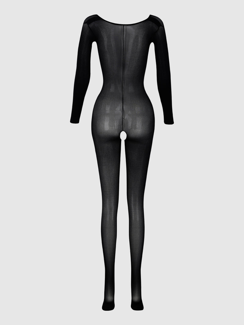 The Full Body Crotchless Hosiery by Frederick’s of Hollywood is a sheer black catsuit featuring long sleeves, a fitted silhouette, a high neckline, and an open crotch. The see-through fabric reveals the mannequin underneath, and the garment is displayed against a light gray background.