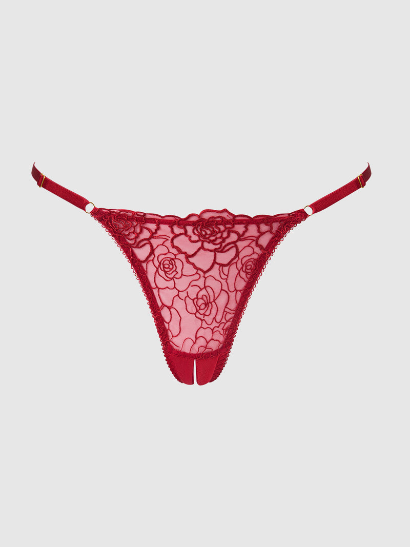 The Melrose Embroidered Crotchless Thong by Frederick's of Hollywood features red rose embroidery, floral lace detailing, adjustable side straps, and minimal coverage, shown against a plain light background.