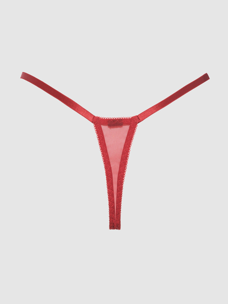 The Melrose Embroidered Crotchless Thong by Frederick's of Hollywood features red rose embroidery on sheer mesh with a thin elastic waistband and minimal coverage, shown against a plain white background.