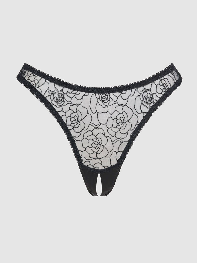 The Frederick's of Hollywood Melrose Embroidered Crotchless Tanga features sheer black lace with a floral rose mesh, a front keyhole cut-out, and is shown against a plain white background.