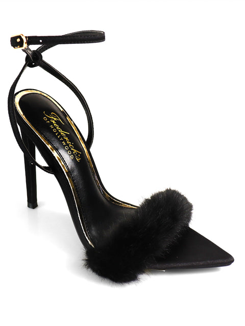 The Aileen Pointed Toe Heel by Frederick's of Hollywood is a black heel with an ankle strap, fluffy black fur across the front, and gold insole branding—an elegant and timeless choice for any occasion.