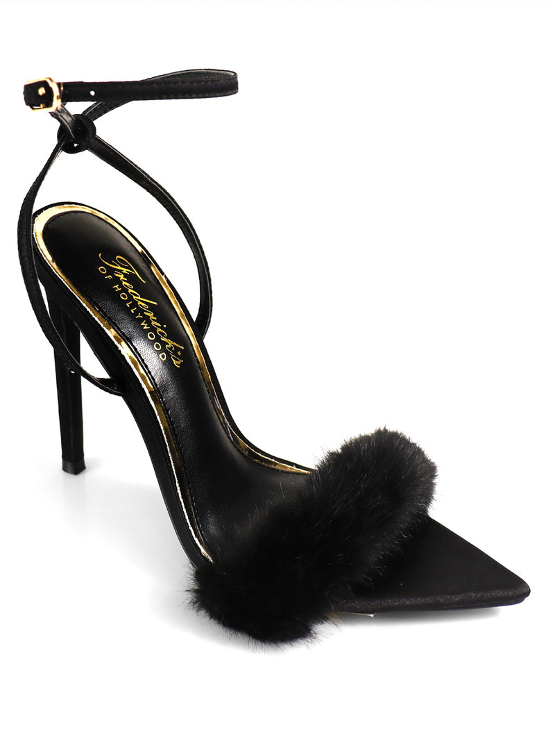 The Aileen Pointed Toe Heel by Frederick's of Hollywood is a black heel with an ankle strap, fluffy black fur across the front, and gold insole branding—an elegant and timeless choice for any occasion.