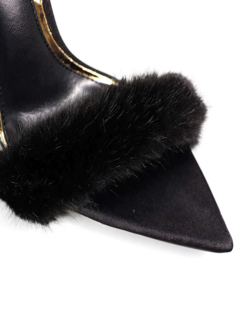 Close-up of the Aileen Pointed Toe Heel by Frederick's of Hollywood, featuring a fluffy black fur strap, shiny gold interior accent, and timeless design set against a crisp white background.