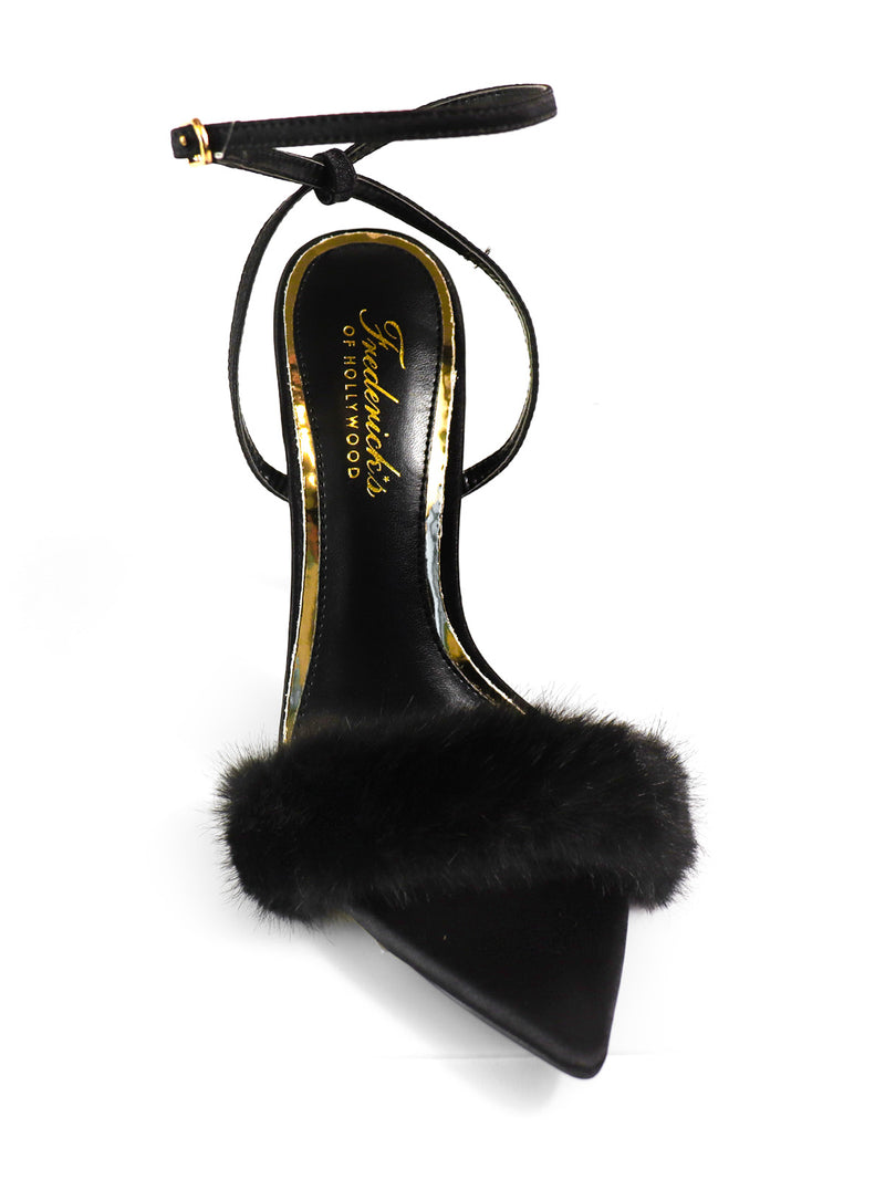 The Aileen Pointed Toe Heel by Frederick's of Hollywood features a pointed toe, ankle strap with gold buckle, black faux fur trim, and an insole with gold text branding for timeless elegance.