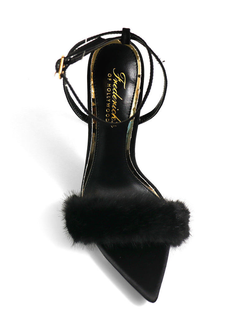The Aileen Pointed Toe Heel by Frederick's of Hollywood is a black sandal with a feather strap across the toes, slim ankle straps, and gold branding on the insole—a chic choice for elegant heel lovers.