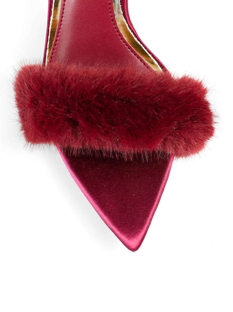 Close-up of the Aileen Pointed Toe Heel by Frederick's of Hollywood, crafted in burgundy velvet with a maroon fur strap over the pointed toe—an elegant choice for sophisticated style.