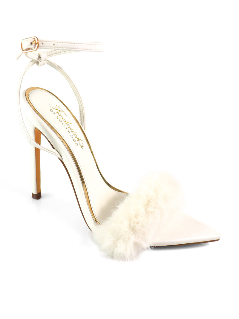 The Aileen Pointed Toe Heel by Frederick's of Hollywood features a white design with a fluffy fur front strap, thin ankle buckle strap, and timeless elegance.