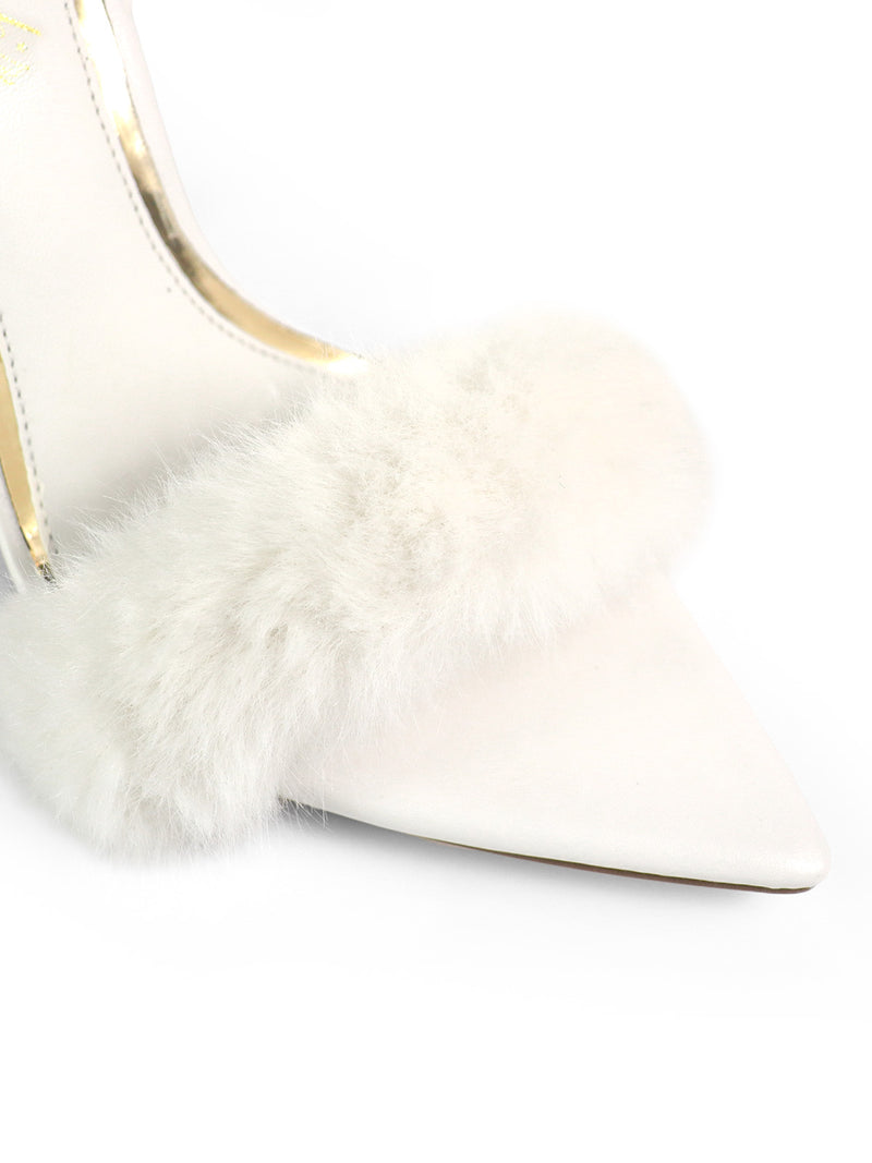 Close-up of the Aileen Pointed Toe Heel by Frederick's of Hollywood, featuring a soft fur strap across the front for a timeless and elegant look.