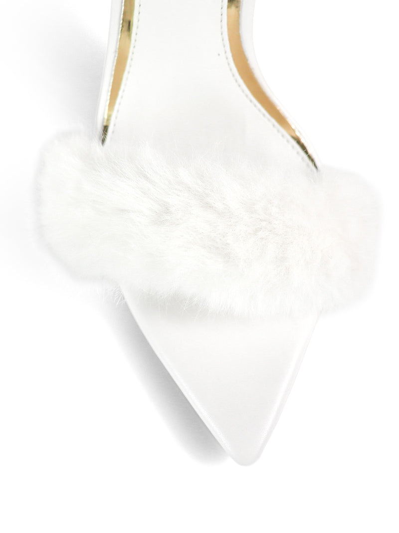 The Aileen Pointed Toe Heel by Frederick's of Hollywood offers an elegant white design with a fluffy fur strap across the front, creating a timeless and sophisticated look.