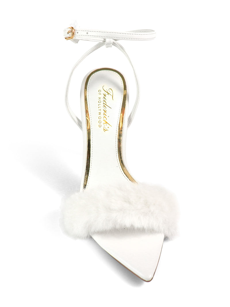 The Aileen Pointed Toe Heel by Frederick's of Hollywood is a chic white heel featuring an ankle strap, fluffy white fur accent, and gold-trimmed insole—ideal for anyone seeking timeless elegance.