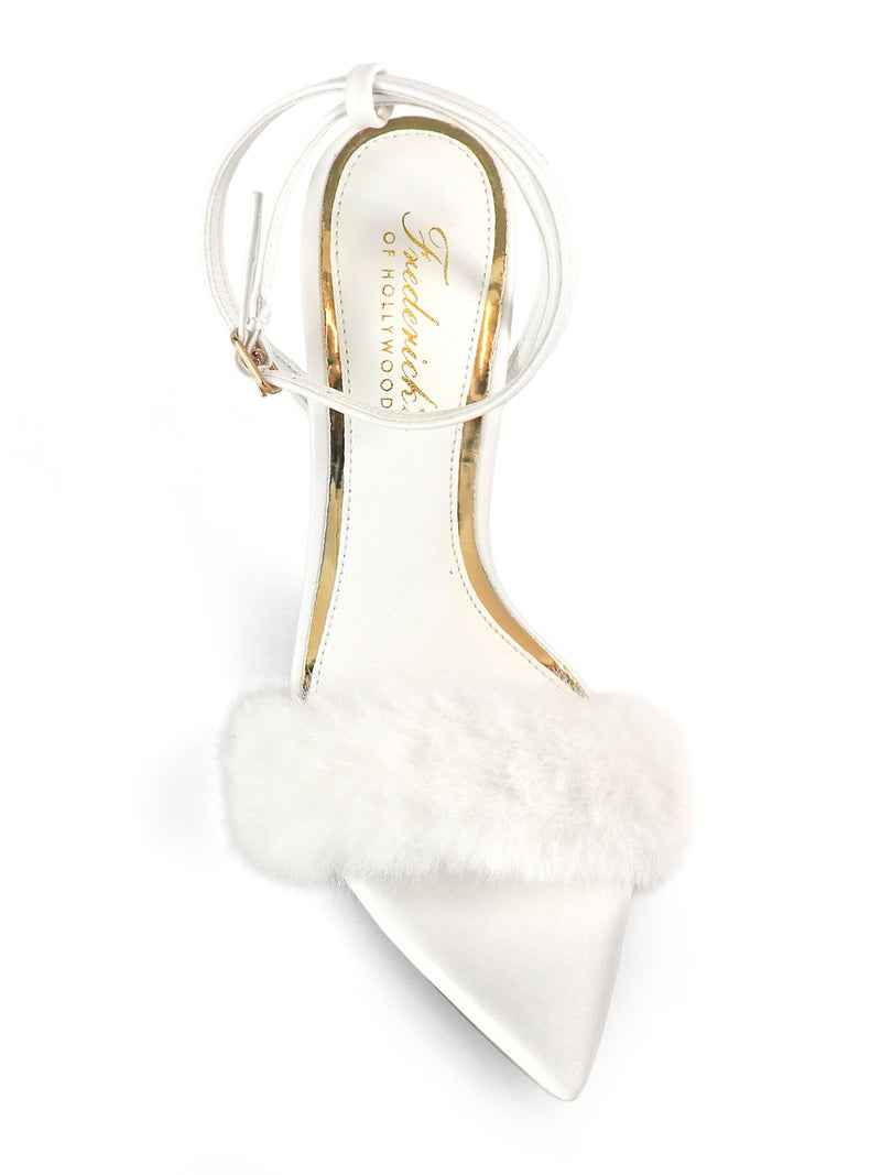 The Aileen Pointed Toe Heel by Frederick’s of Hollywood features a white design with a fluffy fur strap, gold insole, slim ankle buckle, and gold brand label—timeless elegance for any chic occasion.