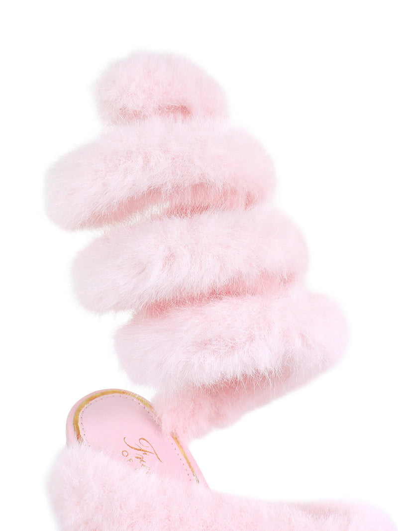 The Allure Fluffy Stiletto Sandal by Frederick's of Hollywood features soft light pink material spiraled around the ankle strap, with a glimpse of the insole, creating a fun and glamorous heels look.