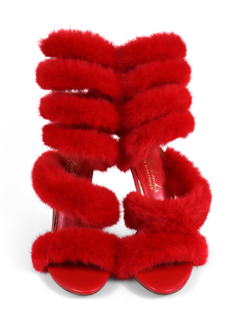 The Allure Fluffy Stiletto Sandal by Frederick's of Hollywood features bold red, fur-like straps and a matching insole—making it the perfect standout footwear to elevate any outfit.
