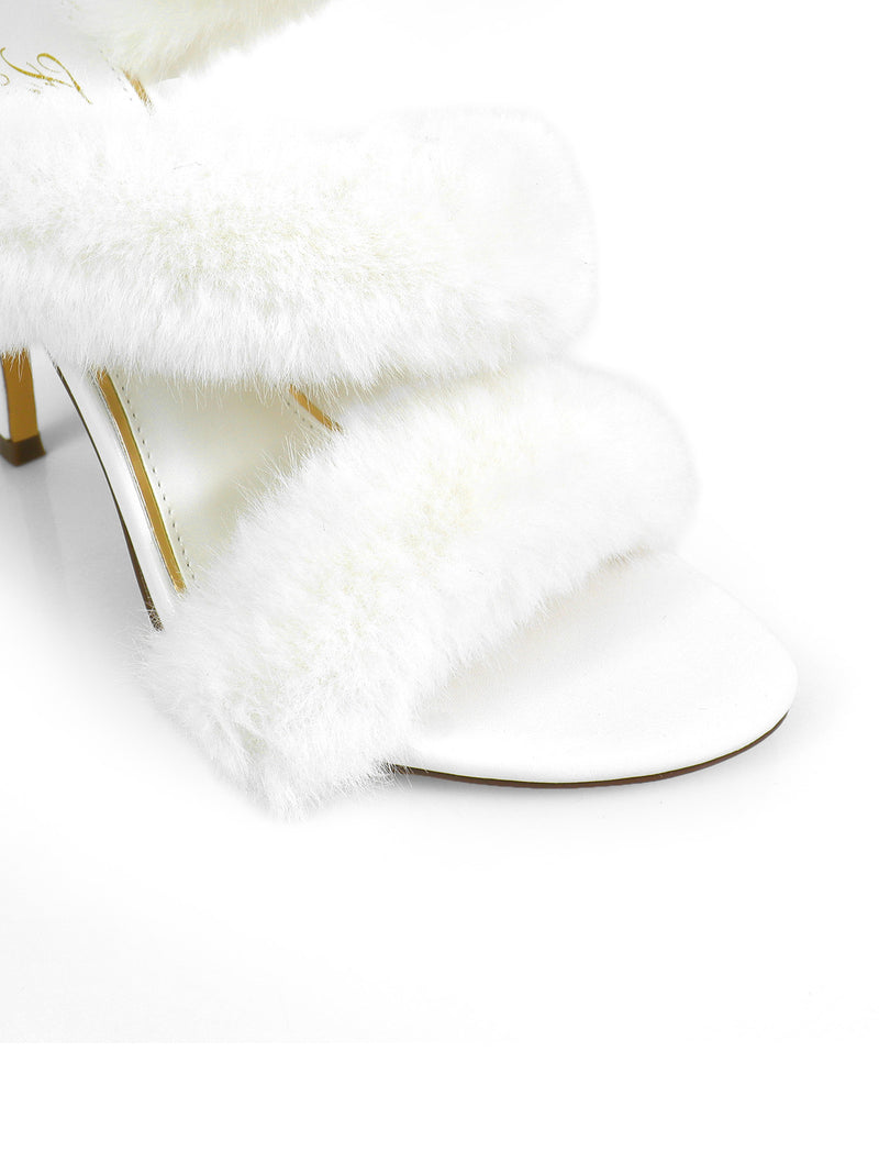 A close-up of the Allure Fluffy Stiletto Sandal by Frederick's of Hollywood, featuring two wide white faux fur straps—statement footwear that adds glamour to any heels collection.