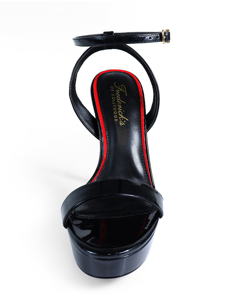 The Cupid Strap Platform Heels by Frederick's of Hollywood feature a black patent leather high heel with a platform sole, red trim, an ankle buckle, and branding on the insole, displayed against a white background for an elevated look.