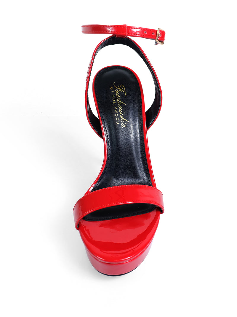 A glossy red Cupid Strap Platform Heel by Frederick's of Hollywood, viewed from above, features bold strap details, an open toe, and a black insole with gold Frederick's of Hollywood branding.
