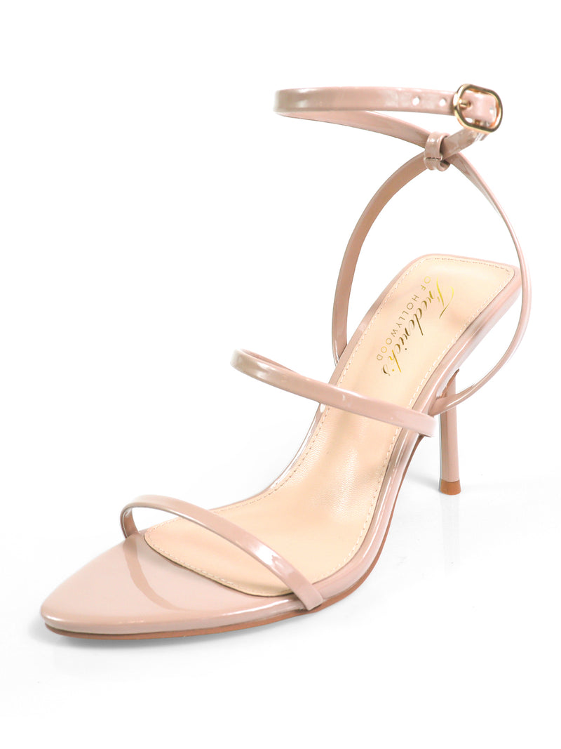 The Cynthia Pointy Toe Pencil Heel by Frederick’s of Hollywood is a nude patent leather sandal featuring a pencil heel, three slim straps, an adjustable buckle closure, and a pointed toe—ideal for an elegant look.