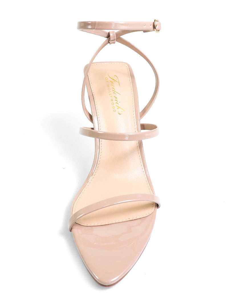 Top view of the Cynthia Pointy Toe Pencil Heel by Frederick's of Hollywood, a nude patent leather sandal with three slim straps and an ankle buckle. Gold branding on the insole adds a stylish, modern flair to this elegant shoe.
