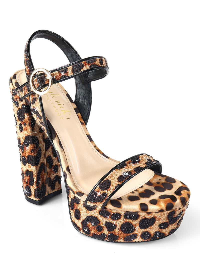 Step out in style with the Fabiosa Rhinestone Open Toe Platform Heel by Frederick's of Hollywood, featuring a chunky heel, ankle strap, gold buckle, and sparkling rhinestones—ideal for elevating your evening look.