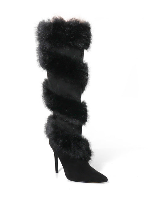 The Holly Feather Over the Knee High Boots by Frederick's of Hollywood feature black high heels, pointed toes, and bands of black faux fur along the shaft, shown against a white background.