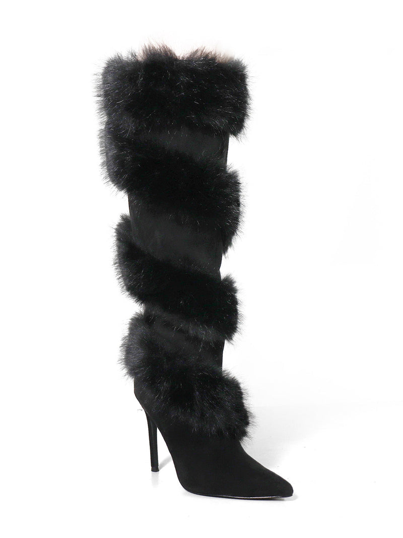 The Holly Feather Over the Knee High Boots by Frederick's of Hollywood feature black high heels, pointed toes, and bands of black faux fur along the shaft, shown against a white background.