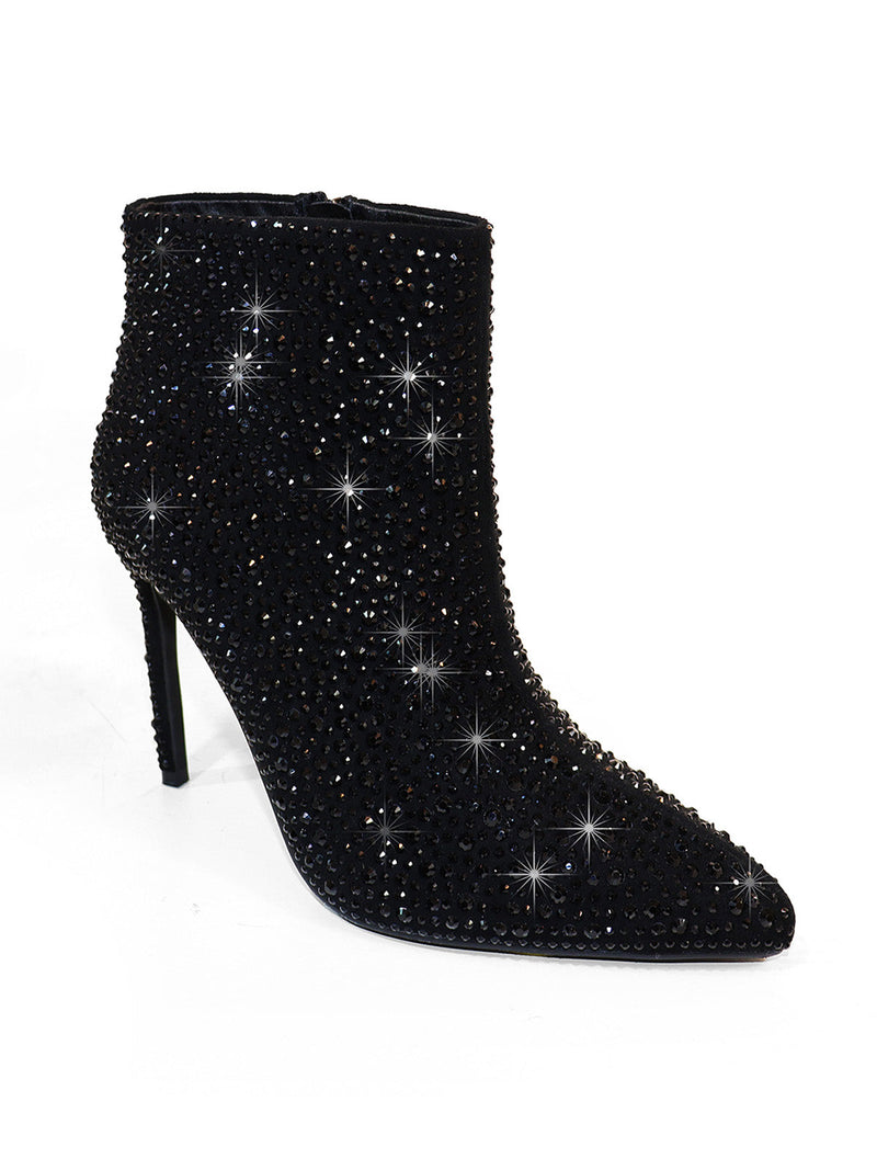 The Izara Rhinestone Ankle Boots by Frederick's of Hollywood are black high-heeled ankle boots adorned with sparkling rhinestones, featuring a pointed toe and slim heel, shown against a white background.