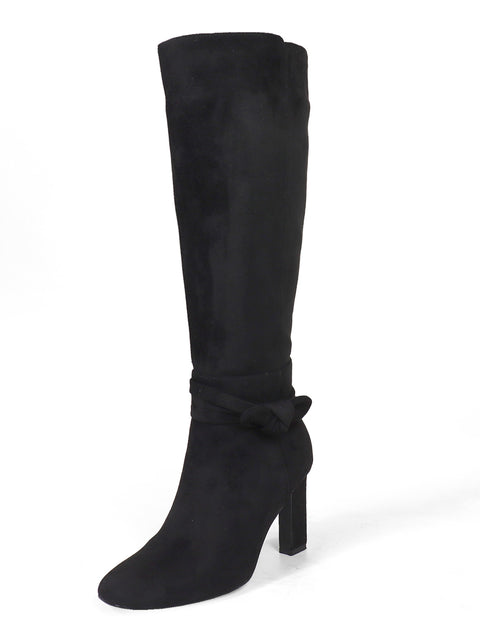 The Janeth Ankle Heel Boot by Frederick's of Hollywood is a black suede boot featuring a high chunky heel and a stylish knot detail around the ankle, displayed against a plain white background.