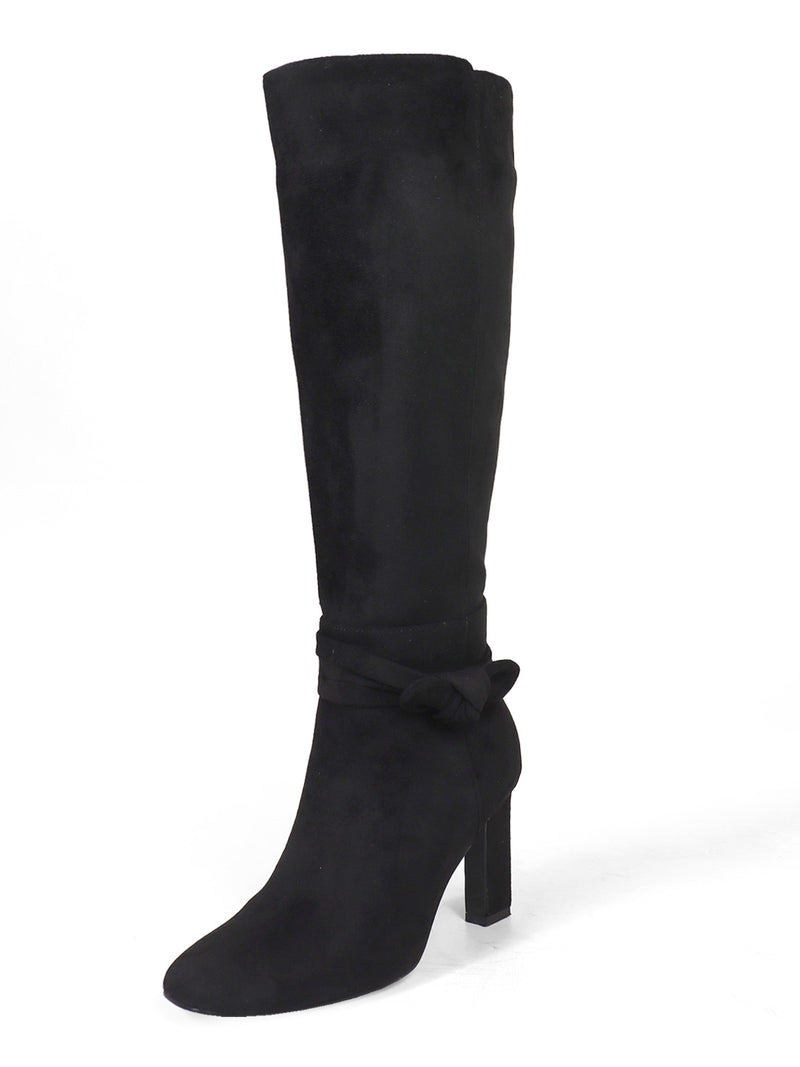 The Janeth Ankle Heel Boot by Frederick's of Hollywood is a black suede boot featuring a high chunky heel and a stylish knot detail around the ankle, displayed against a plain white background.