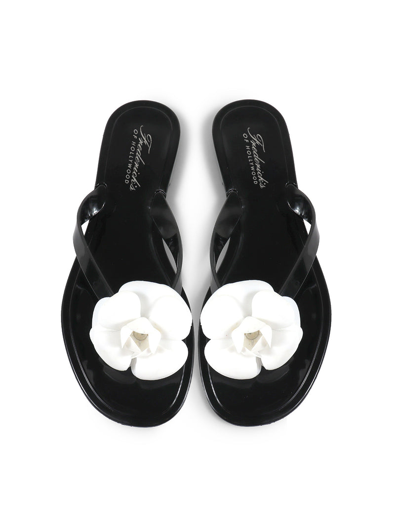 The Jelli Camellia Thong Sandals by Frederick's of Hollywood feature black straps adorned with white camellia flowers‚Äîchic, feminine sandals ideal for stylish warm-weather looks.