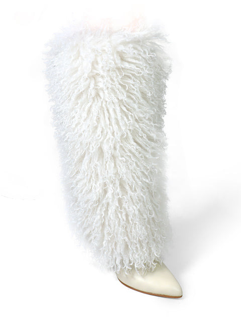 The Kiki Pointed Toe Fluffy Boot by Frederick's of Hollywood is a stylish white knee-high boot with curly fur and a pointed toe, shown on a plain white background.